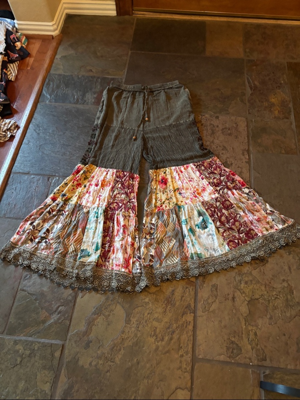 Boho Wide Leg Tiered Palazzo Pants in Olive with Floral Panels